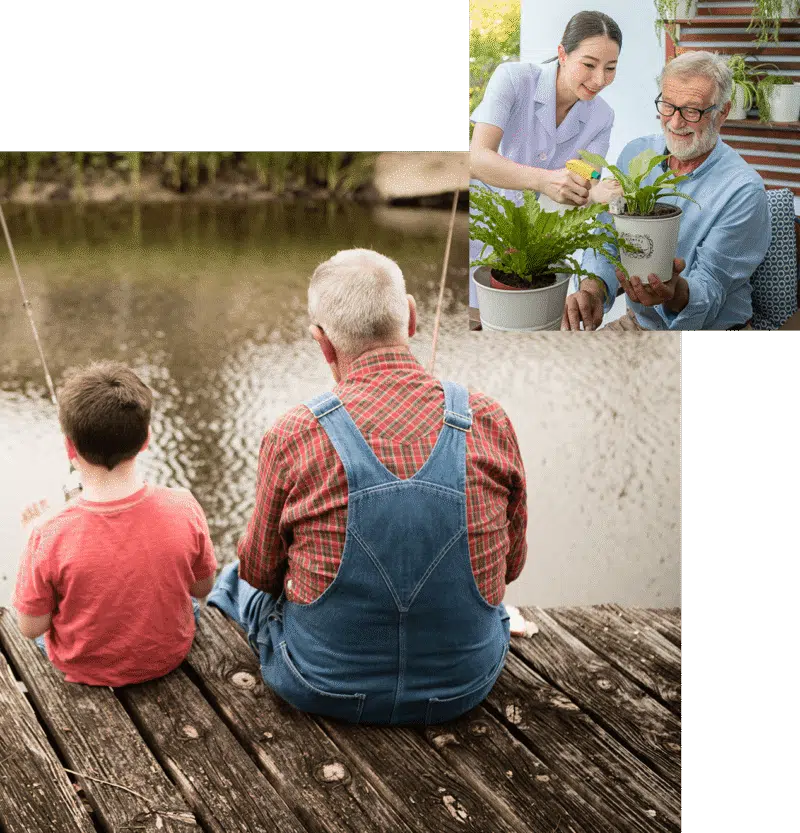 Grandfather and grandchild fishing, senior with caregiver gardening 