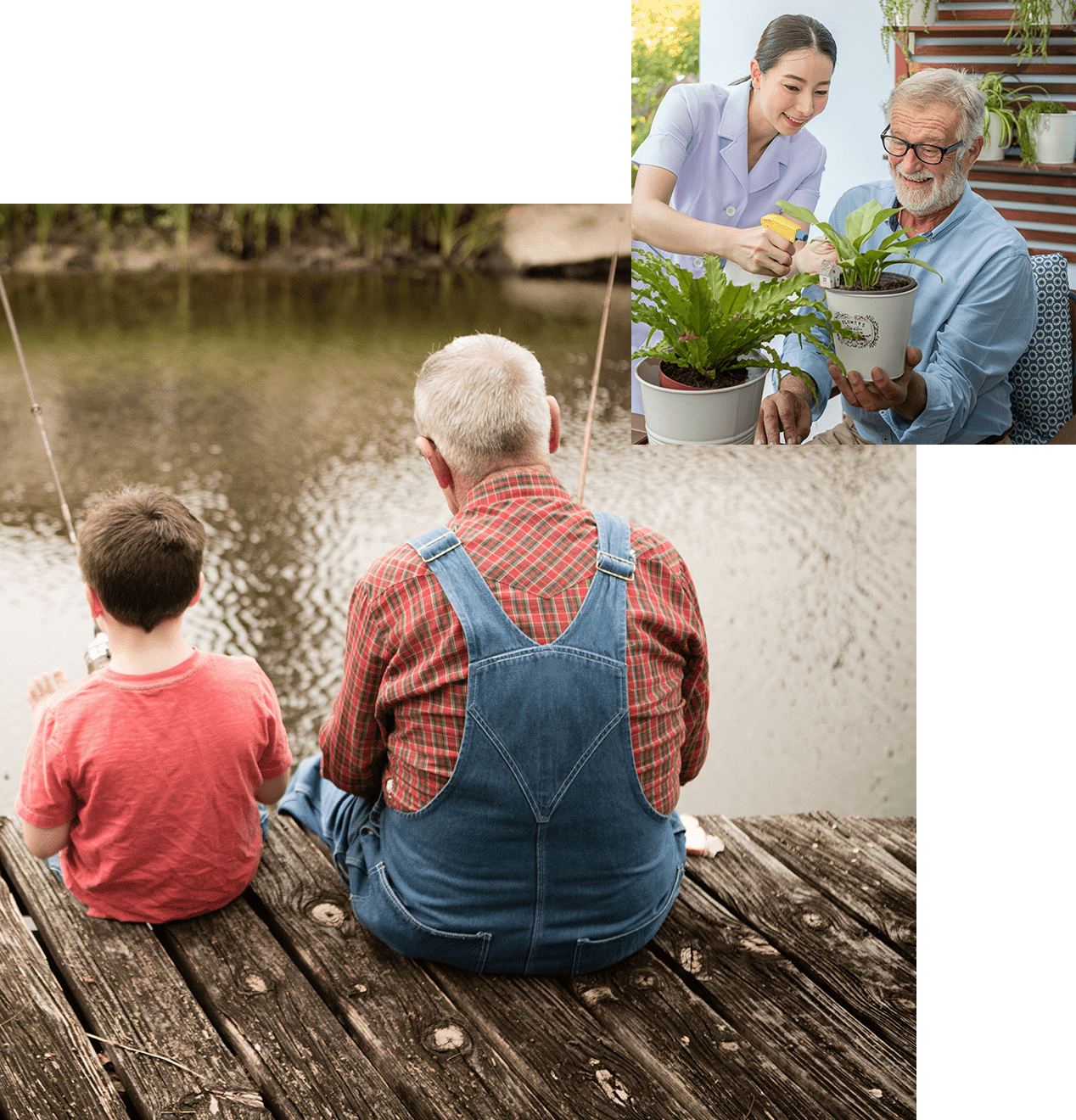 Grandfather and grandchild fishing, senior with caregiver gardening