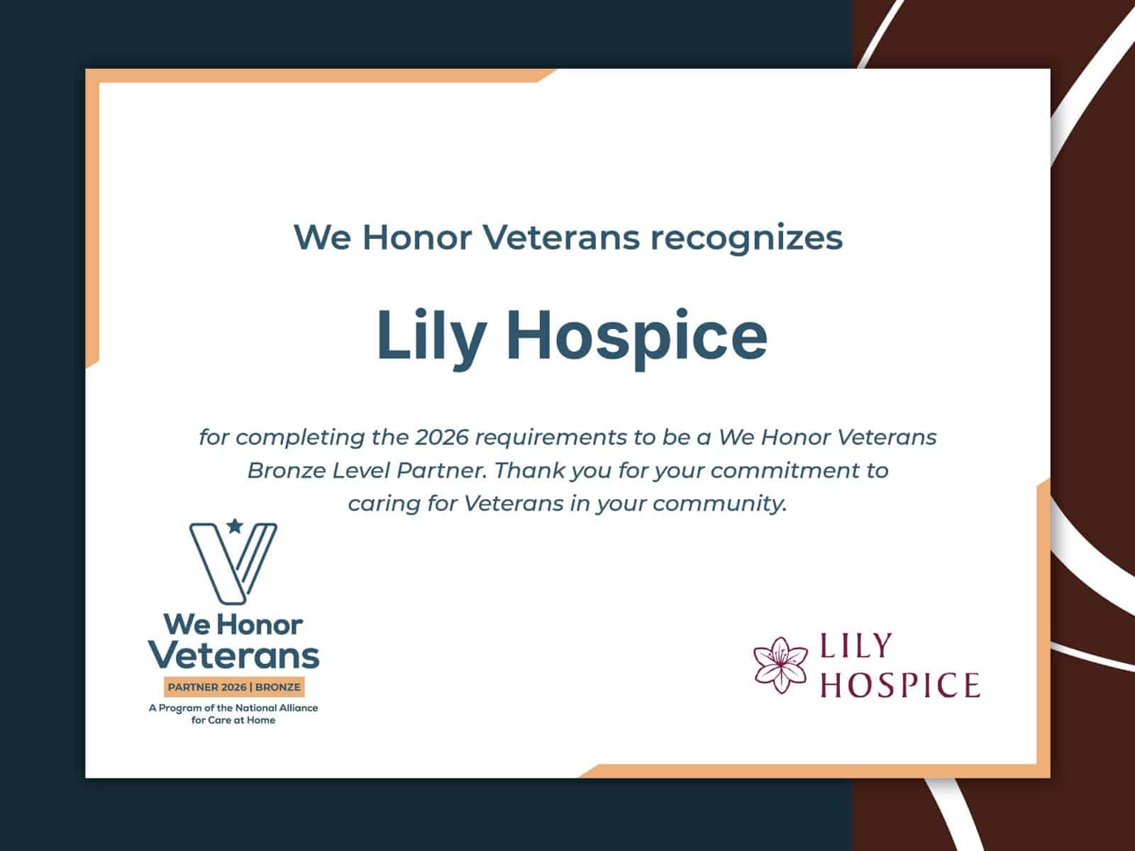 We Honor Veterans 2026 recognition certificate naming Lily Hospice a Bronze Level Partner